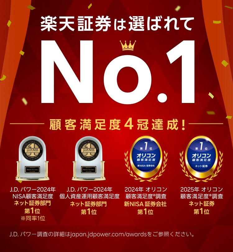 楽天証券は選ばれてNo.1 顧客満足度4冠達成！商標_J.D. パワーオリコン