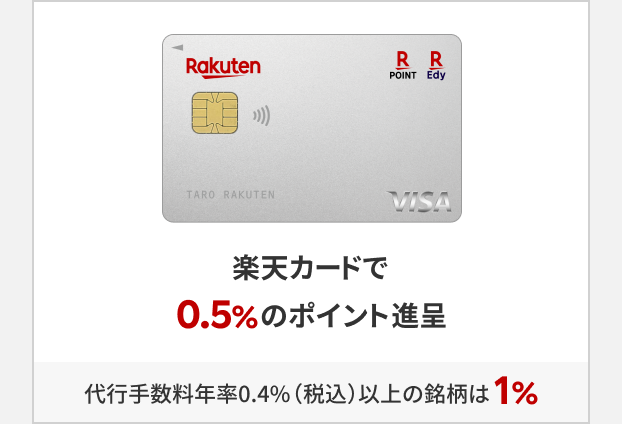 楽天カードで0.5%のポイント進呈。代行手数料年率0.4%（税込）以上の銘柄は1%