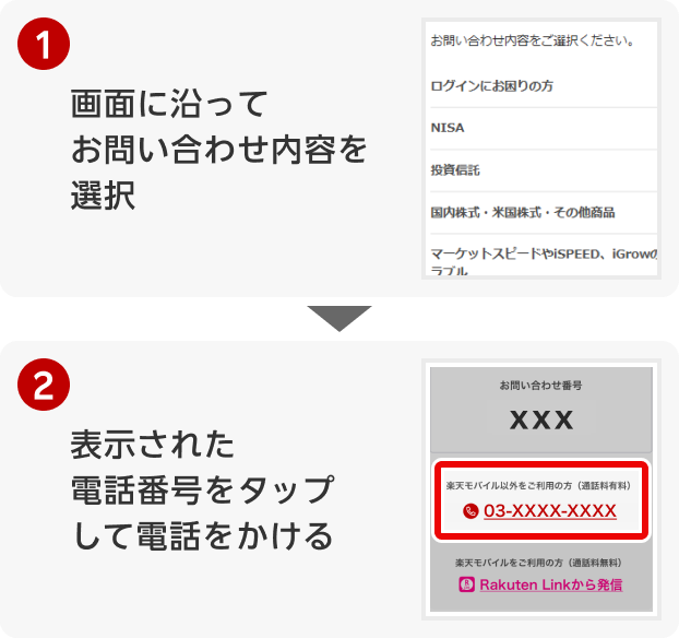 【STEP1】画面に沿ってお問い合わせ内容を選択、【STEP2】表示された電話番号をタップして電話をかける