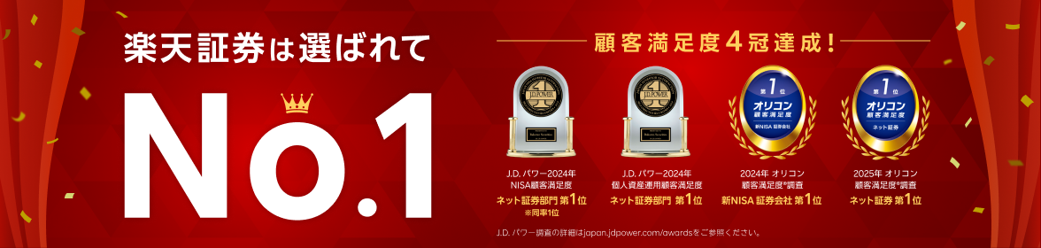 楽天証券は選ばれてNo.1 顧客満足度4冠達成！商標_J.D. パワーオリコン