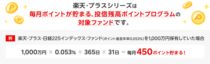 楽天・プラスシリーズは毎月ポイントが貯まる、投信残高ポイントプログラムの対象ファンドです。例 楽天・プラス・日経225インデックス・ファンド（ポイント進呈年率0.053%）を1,000万円保有していた場合1,000万円×0.053%÷365日×31日＝毎月450ポイント貯まる！