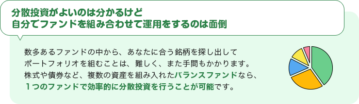 【分散投資がよいのは分かるけど自分でファンドを組み合わせて運用をするのは面倒】数多あるファンドの中から、あなたに合う銘柄を探し出してポートフォリオを組むことは、難しく、また手間もかかります。株式や債券など、複数の資産を組み入れたバランスファンドなら、1つのファンドで効率的に分散投資を行うことが可能です。