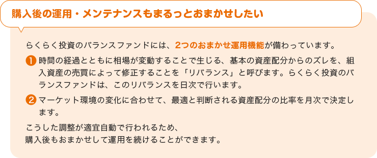 【購入後の運用・メンテナンスもまるっとおまかせしたい】らくらく投資のバランスファンドには、2つのおまかせ運用機能が備わっています。①時間の経過とともに相場が変動することで生じる、基本の資産配分からのズレを、組入資産の売買によって修正することを「リバランス」と呼びます。らくらく投資のバランスファンドは、このリバランスを日次で行います。②マーケット環境の変化に合わせて、最適と判断される資産配分の比率を月次で決定します。こうした調整が適宜自動で行われるため、購入後もおまかせして運用を続けることができます。